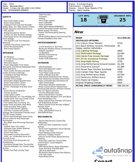 2015 Mercedes-Benz C 63 Amg-S z USA, uszkodzony, nr VIN 55SWF8HB4FU089853